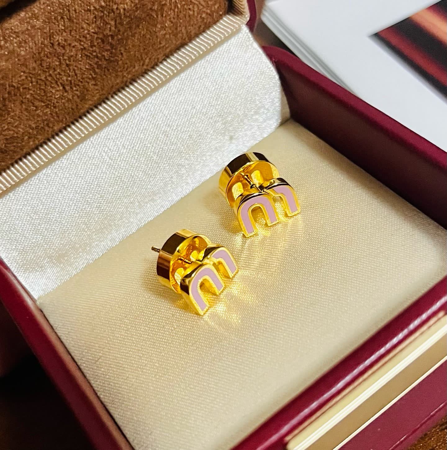 Miu Miu Gold and Pink Enamel Stud Earrings